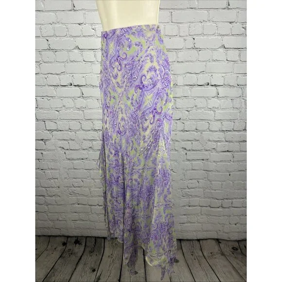 VTG I.C.E. Purple Green 100% Silk Chiffon Floral Beaded Flowy Maxi Long Skirt M - Picture 11 of 13